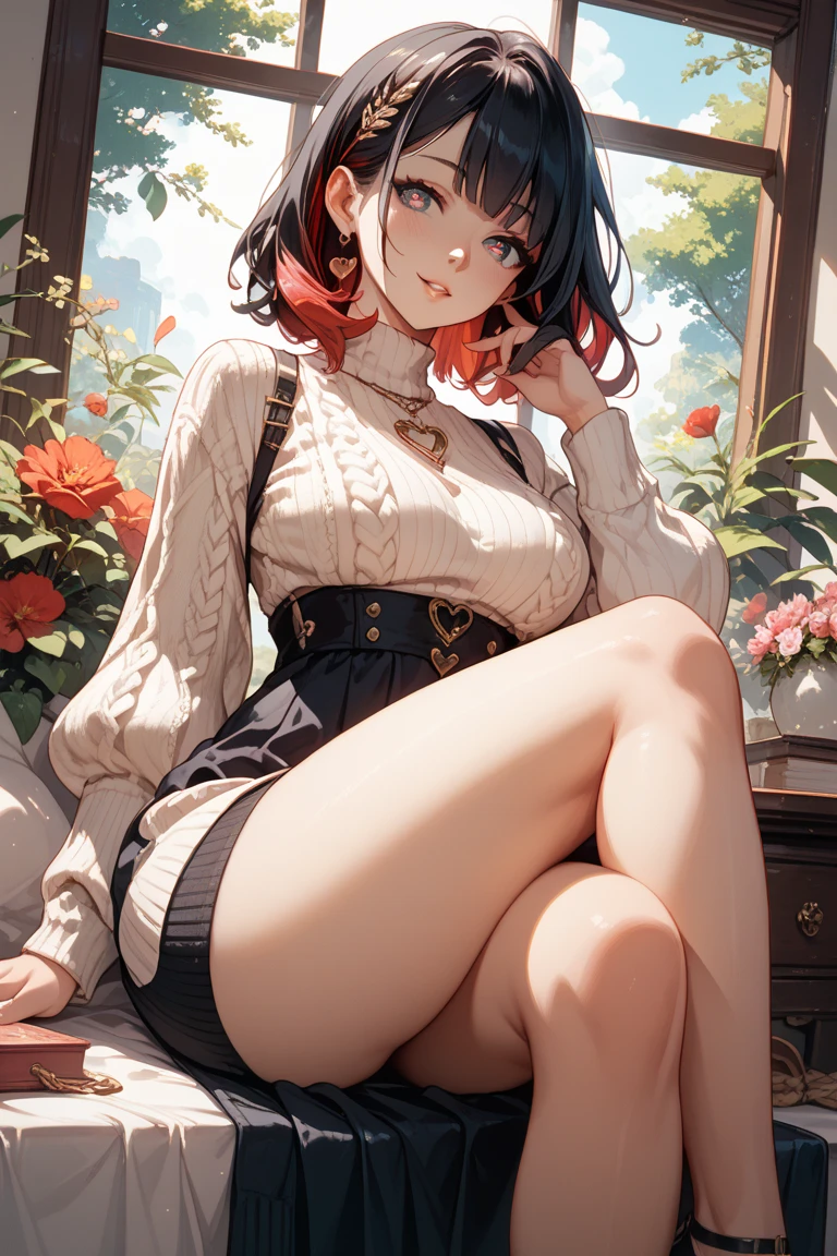 (Whole body 1.4),Cute girl solo front shot,(Panty Shot).White knitted off-the-shoulder,mini skirt,knee up、Sitting with legs apart,White panties,Panty Shot,With a skirt on,knee up,Perfect hands,Perfect legs,flower