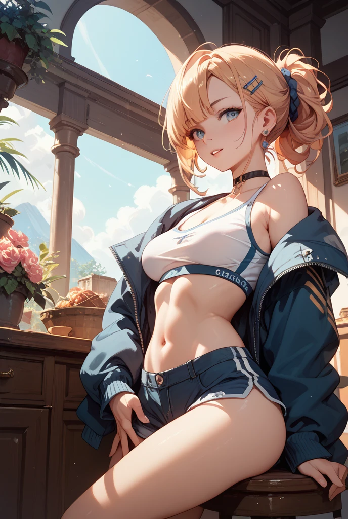 最high quality、best image quality、masterpiece、age girl((20-year-old、 By becoming、vest bust、medium bust,wide open breast tea、shining eyes, blonde hair、long hair、thin,highest valley、blue sports bra(1:2)、Blue sports pants、sweating、scattering of sweat、Flushed body、black jacket、sit on a chair、gameplay)),high quality、beautiful art、background((arcade))debris flies、Depth of written boundary、movie、visual art、perfect art、8k,genuine、