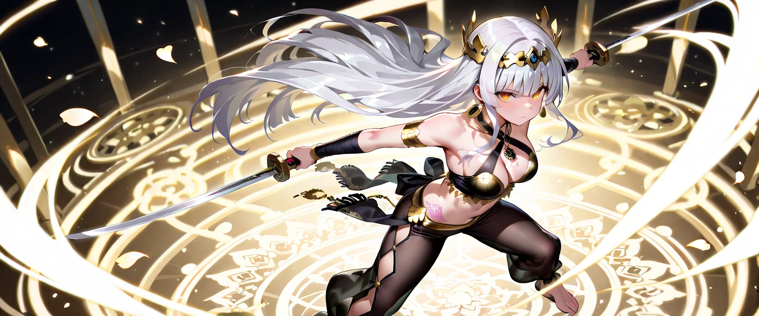 <lora:zero_(drag-on_dragoon):1>zero (drag-on dragoon), 1girl, flower over eye, flower, breasts, red eyes, solo, weapon, sword, long hair, hair bow, bow, cleavage, blood, white hair, sitting, black bow, kneehighs, medium breasts, socks, wariza, navel, detached sleeves, fur trim, dress, reflection, bare shoulders, white socks