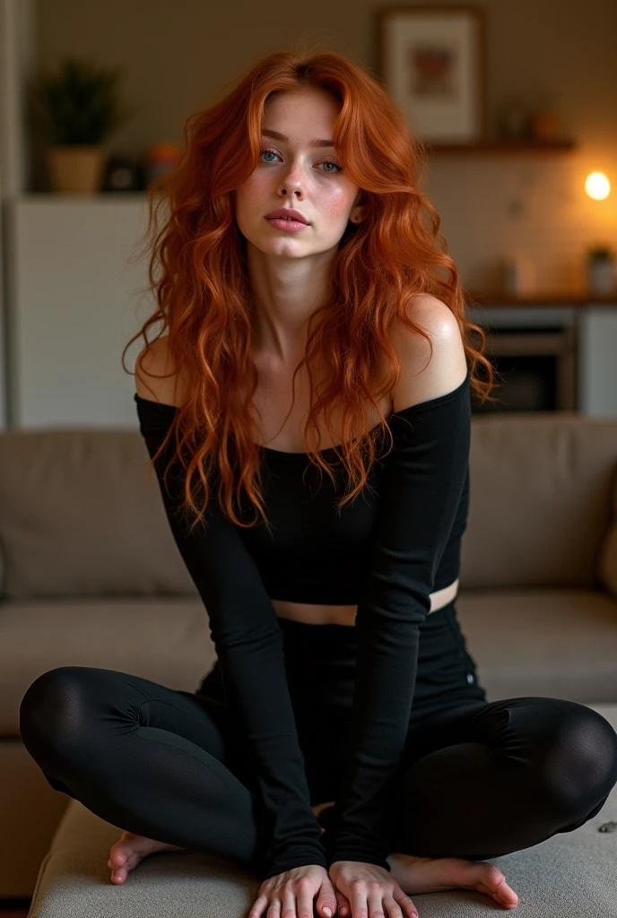 Ultra-realistic, photograph, Long Red Hair, girl, 24-years-old, Hourglass Shape, Perfect body, Sexy expression, Highly detailed art gems, Art Germ Style, Lens 35mm, Blur the background, Sitting on a chair in the living room, Wearing a tight cotton top and a short latex skirt, Wearing opaque thigh-high socks, Show off your legs, Long legs, Touching her feet, Sexy Legs, Attractive legs, whole body picture, whole body portrait, whole body, Wide Shot, Wide-angle