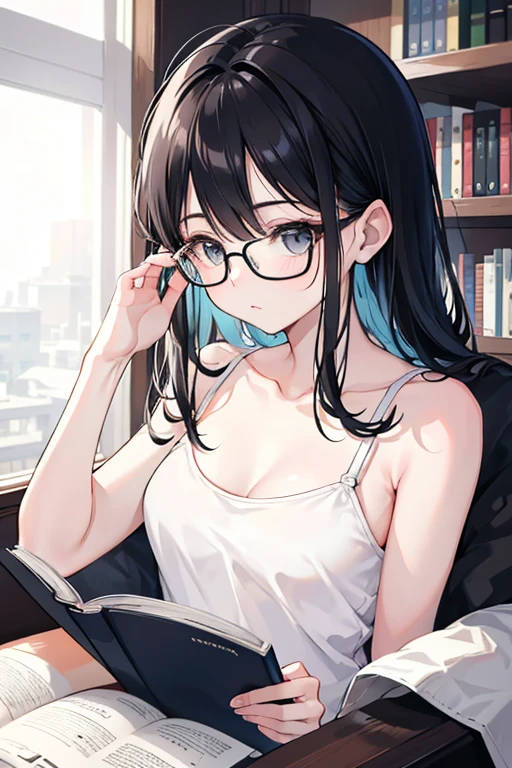 A beautiful female college student, screen in front of window, Overlooking the city projected on the screen, cafe, window behind white desk, city view, overlooking the cityscape, notebook, Holding a pen in one hand, glasses, black hair, midsummer loungewear, cool clothes, ((skin under one armpit)), ((flank skin)), intellectual atmosphere, dark lighting, knowledge, scholarship, study tools, enthusiasm, calm environment, taking notes, enthusiasm, immersion, inquisitiveness, research, concentration, sense of accomplishment, pursuit of knowledge, academic pursuit, academic inquisitiveness, cinematic lighting, Sony FE GM, masterpiece, top quality, 4K, academic atmosphere, (masterpiece), (best quality), ultra-high res, sharp focus, beautiful detailed hair