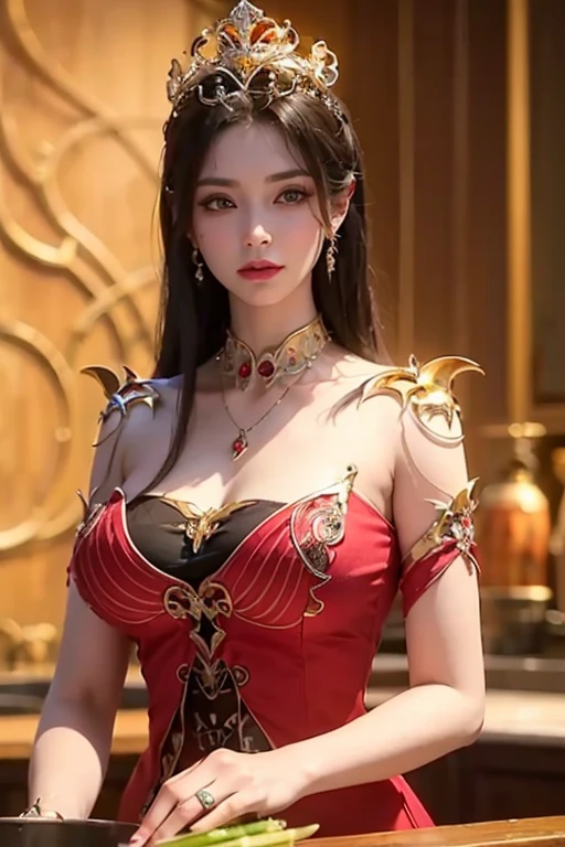 1girl, long hair, navel, pointy ears, jewelry, hair ornament, red eyes, black hair, solo, skirt, tube top, midriff, strapless, earrings, looking at viewer, red skirt, bare shoulders, fire, upper body,realistic,large breasts,shiny skin,(mature female:1.2),cai lin,<lora:cailin-v1.5-lora-naivae-final-6ep:0.7>, best quality, UHD, ccurate, award winning, super detail, 4K