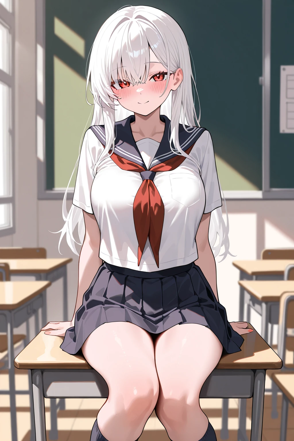 ((masterpiece,best quality)),1girl, solo, futuristic school uniform, white and yellow color uniform, school, pleated skirt, scenery, knee up, mature body, adult body, thigh, irritated face, arguing, rage, disputing, classroom,plastic chair, sitting, crossed legs, crossed arms, perspective, sideway, From directly above, indoor,shiny skin, mature body, extremely large breasts, streaked black hair, long hair with queue and braid, disheveled hair, hair scrunchie, tsurime, looking at viewer, indoors, long skirt,semi high slippers, high sandals, swept bangs, ahoge, alternate hairstyle, long hair, two-tone hair black&white, black and white hair, split-color hair, light mix white hair and brown hair,colorful hair, gradiant hair, breasts, white socks, necklace is a symbol of twin angel, green eyes, detailed eyes, class representative, bedroom, furious face, anger face, peeved,closing eyes,Frowning, pleated eyebrow, annoyed face, closed mouth, angry, tsundere, bright light, dark expression, frustrated, school, in class, 5th floor,