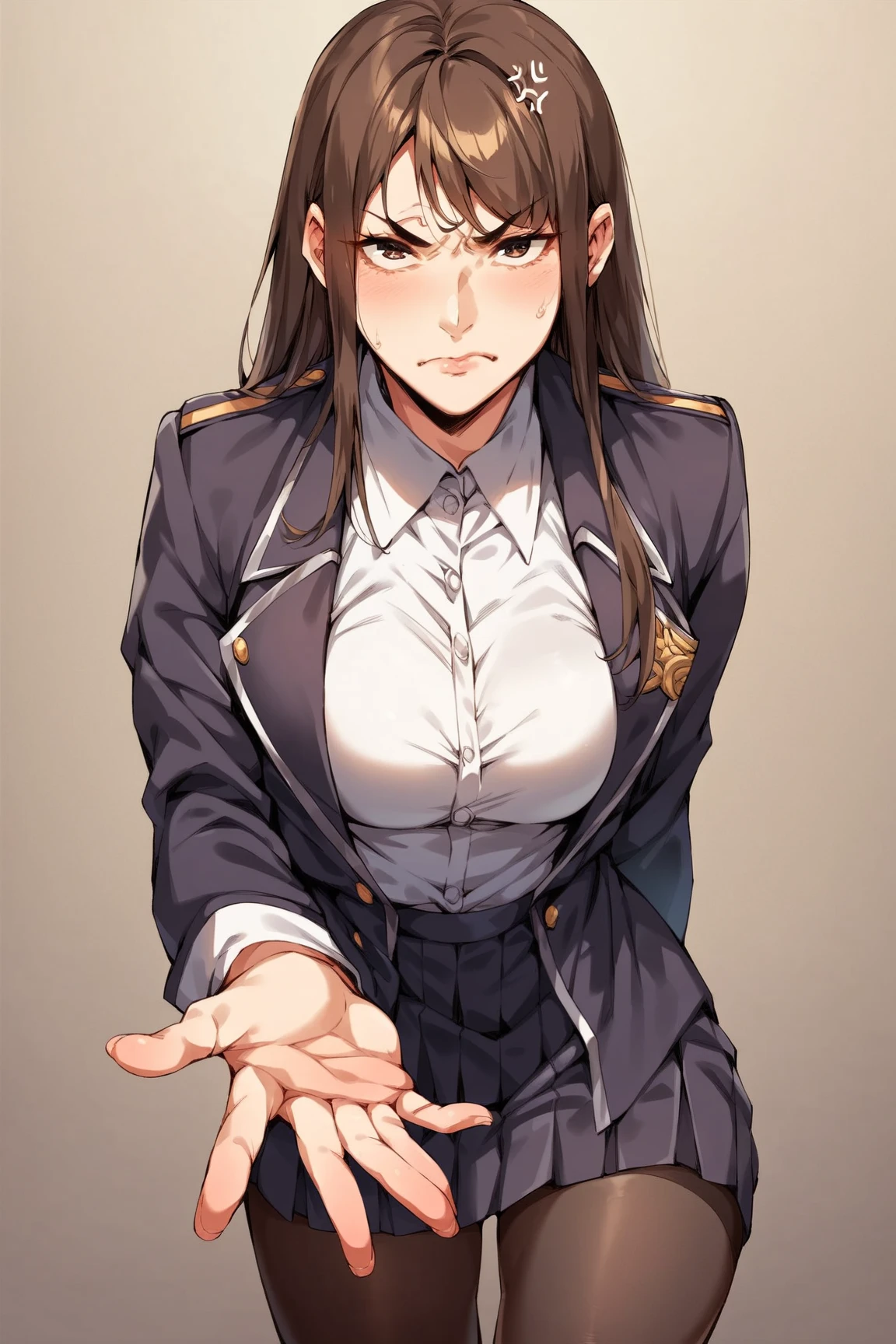1 girl, brown hair, medium hair, wavy hair, , improvised gag, tape gag, gagged, duct tape, tape bondage, arms behind back, bound arms, large breast, , blazer, tie, classroom, cowboy shot, looking at viewer, hair clip,
