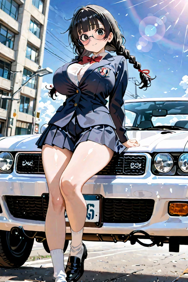 ((Highest quality)), ((masterpiece)), (detailed), One person,Age 25,Race Queen,model,(Sit on the hood of a car),(White mini skirt),(Blue top),(Open the buttons on your shirt),Navel exposed,Big Breasts,blush,Underbust,(Her cleavage is visible),(Excited expression),(Captivating look),Several men with cameras,(modelの女の子を囲みます),(Excited Men).Browsing Caution,sexy,(Put your hands together)Sweat,(Black garter belt),(Move your tongue up and down),