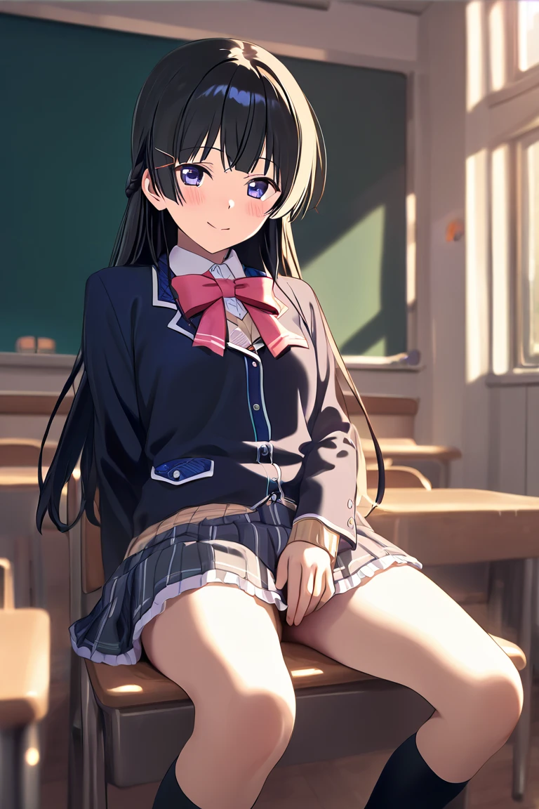 ((((masutepiece, Highest Quality, Best Quality, 1girl in, Solo, Beautiful anime、Detailed picture))))、18year old、A slender、slightly larger breasts、skinny thigh、((dark brown hair、Straight、Longhaire、Brown-eyed、rounded eyes、Clear department、、)),((Schools、‎Classroom))、((Dark blue blazer、Dark blue skirt、School uniform、bow ribbon、lowfers)))、astonished face、astonished face、NSFW、(((Show pink panties、cute panty、Fluid overflowing from the female genitalia、Fluid overflowing from the female genitalia、masturbate、)))、(Sit on a wooden chair、shot from front)、Photo from the knee up、