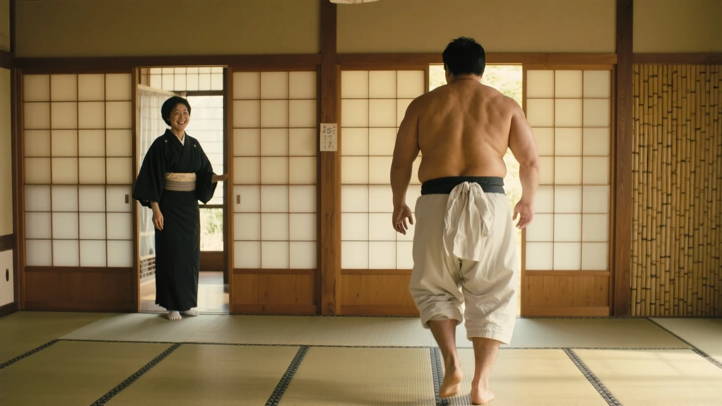 Middle-aged man in his 50s with thick Japan, 1man, little man, Drop your knees and hands to the floor, Resting your forehead on the floor and bowing shyly, dogeza, crewcut, Wearing a dirty white loincloth from sumo, Fit Dirty White Brief, Shirtless, Bare legs, Shy, tearful, Bowleg, There is a puddle at his feet, Pastel colored rooms, a picture, high detail photo, masutepiece