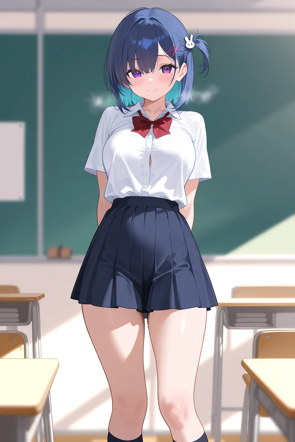 masterpiece, hightquality, 8K, beautiful lighting, 1girl in, 独奏, Akane, (one length bob:1.3),(darkblue hair:1.3), white shirt, Sweater Vest, Black vest, Blue tie, grey skirt, cowboy shot, looking at the viewers, ,Big breasts emphasis、Naughty thighs、shiny oily skin with high contrast,Too large breasts, huge long breasts, Naughty big,爆乳、Bursting chest、huge-breasted、pointed breast、red blush、(Trembling girl ),(Ahegao),Closed mouth,(Skirt lift:1.3), (pink lace panties:1.3)、(Skirt that rolls up:1.3)、(Fully exposed panties:1.5)、plein air、outside of house