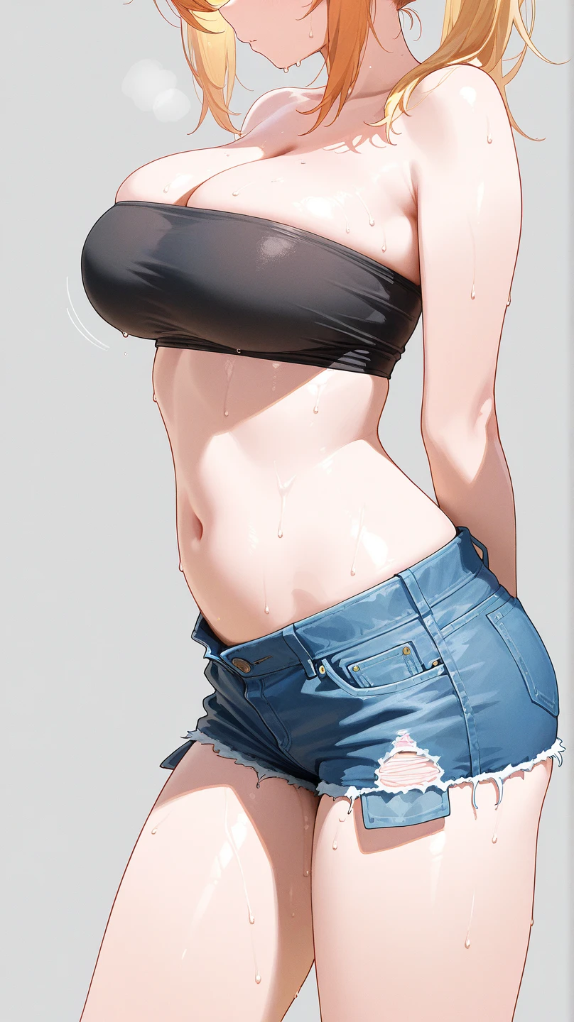 Kujou Sara, Adorable Girl . Very Kawaii , Round Face . Solo , Slim , Medium Breasts , Short Stature . Glossy Skin . Plain white T-shirt . (((Wedgie))) . Dynamic Angle . No Background , (((White Background))) , looking at viewer, darker shadows, (((absurdres))), (((underboob))), (((sleeveless))), (((unbuckled))), (((ulzzang))), (((thigh gap))), (((very embarrassed))), (((mascara))), (((hands up))), (((clenched fist)))