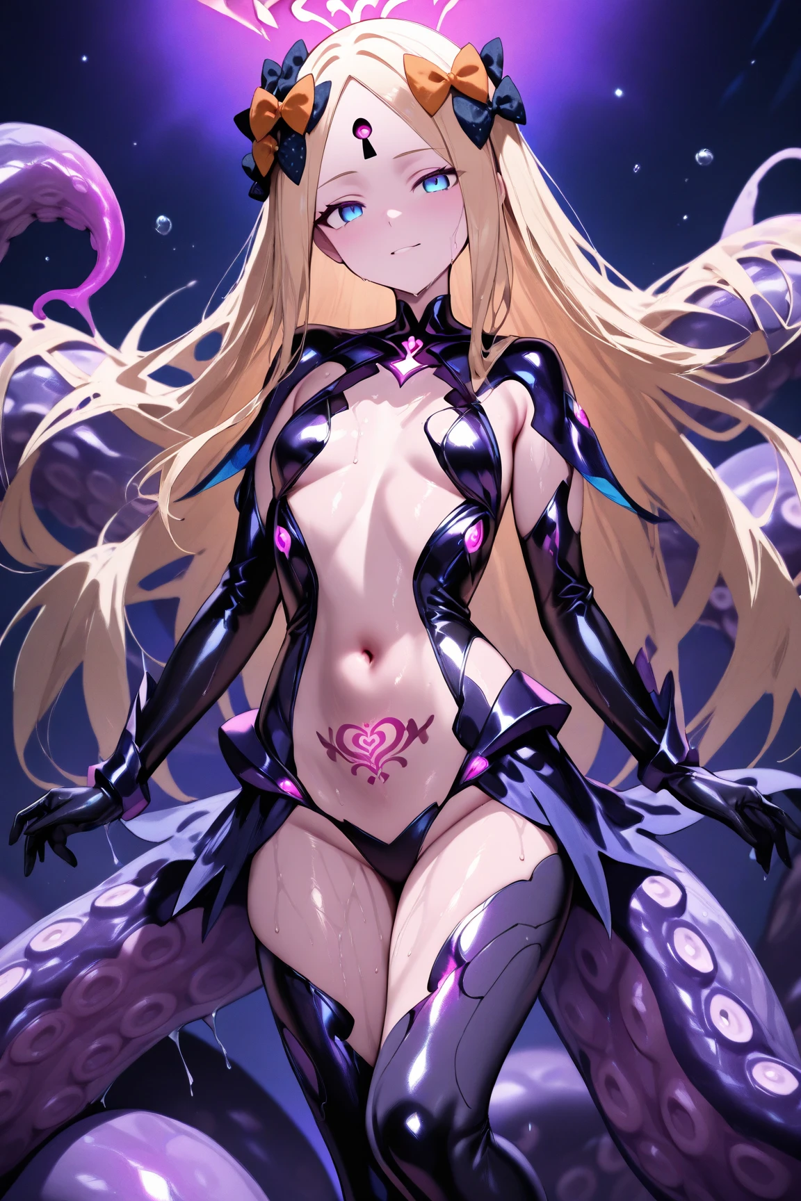a female octopus newt with purple tentacles from the waist down and pink skin. Her hair is medium length, thin tendrils covered with suction cups. His body is covered in bioluminescence as he swims through the depths of a dark ocean.. anime styling. highy detailed. Intricate. Bottom of the abyssal depths