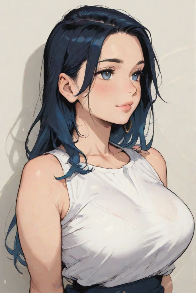 1girl, Long black hair, hair if framing face, pale blue eyes, sexy, stoic expression, facing viewer, white tank top, choker, cleavage, perfect body, denim jeans, jewelry, seductive pose, necklace, jewelry