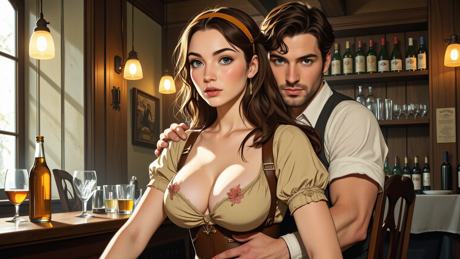 Gorgeous and sultry busty athletic (thin) brunette peasant with sharp facial features wearing a modest updo, medieval hair cover, rough-spun grey and brown medieval dress, long sleeves, wide neck, long dress, tight bodice, corset, Middle Ages, cottage, farm, exterior, trees, countryside, evening, sunset.
