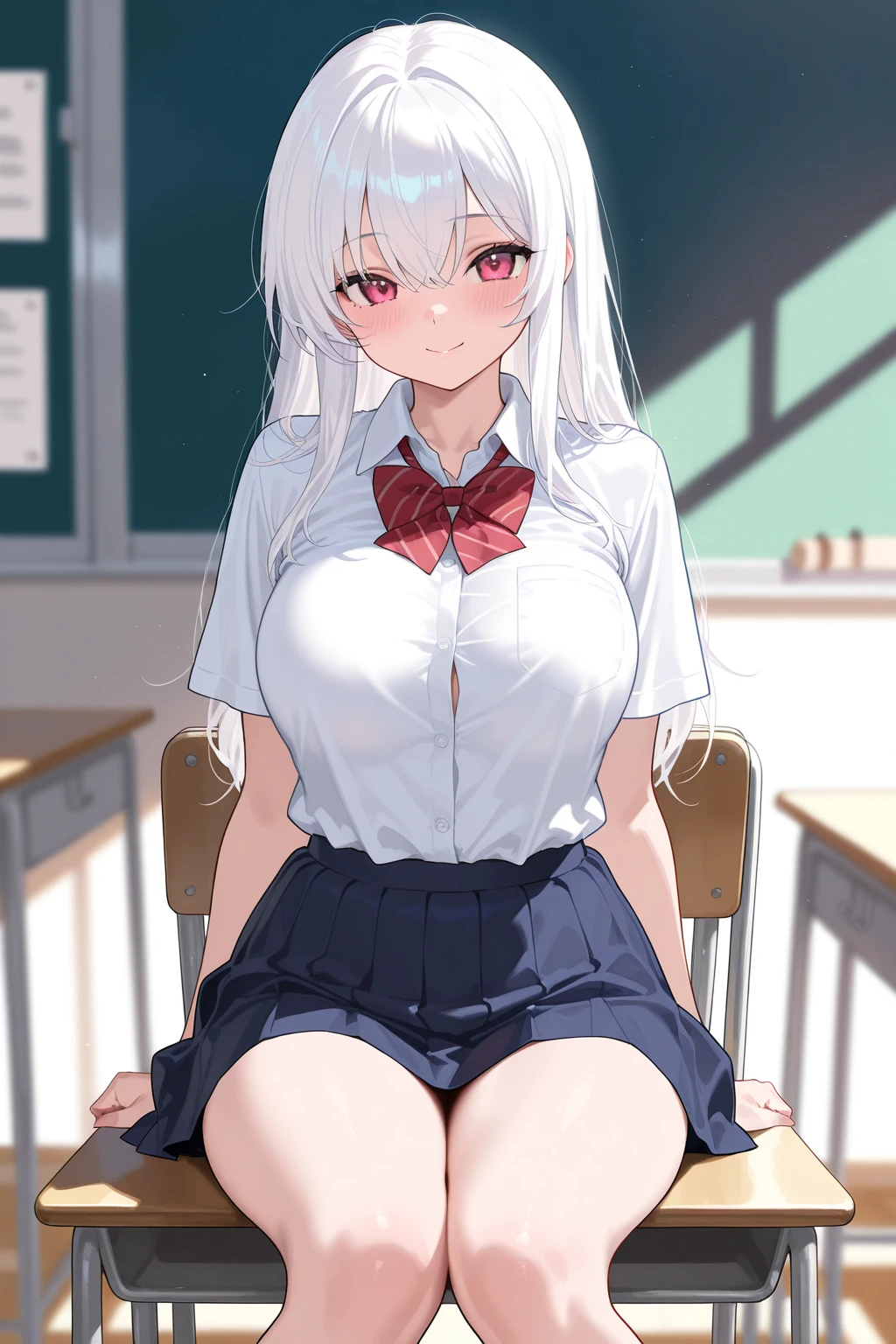 Slender girl with a long penis. high growth. futanari. long white hair. The breasts are large and partially visible through the bra. in school uniform. big, very long penis visible through clothes.