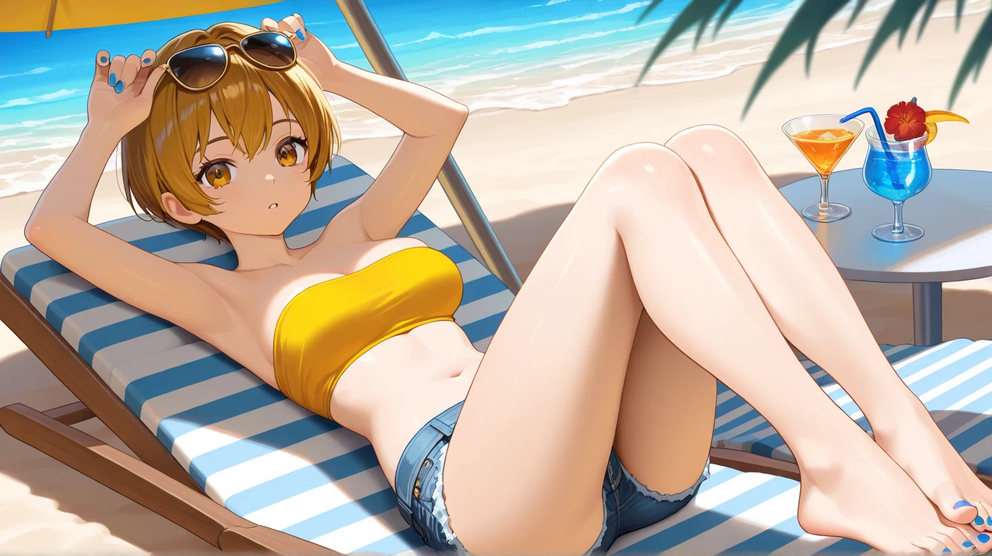 (from front:1.3), masterpiece, highest quality, 8K, High resolution, highest quality, anime style, best writing, beautiful face, masterpiece、High resolution、koala, best fingers, best eyes, (beautiful makeup:1.1), (charming eyes:1.3)、beautiful blonde, short hair、blue eyes、big breasts, (orange bikini:1.3), (Swimsuit with horizontal stripes:1.3)、best smile、blush, close up, free pose, beach, sit on the sand, Wariza