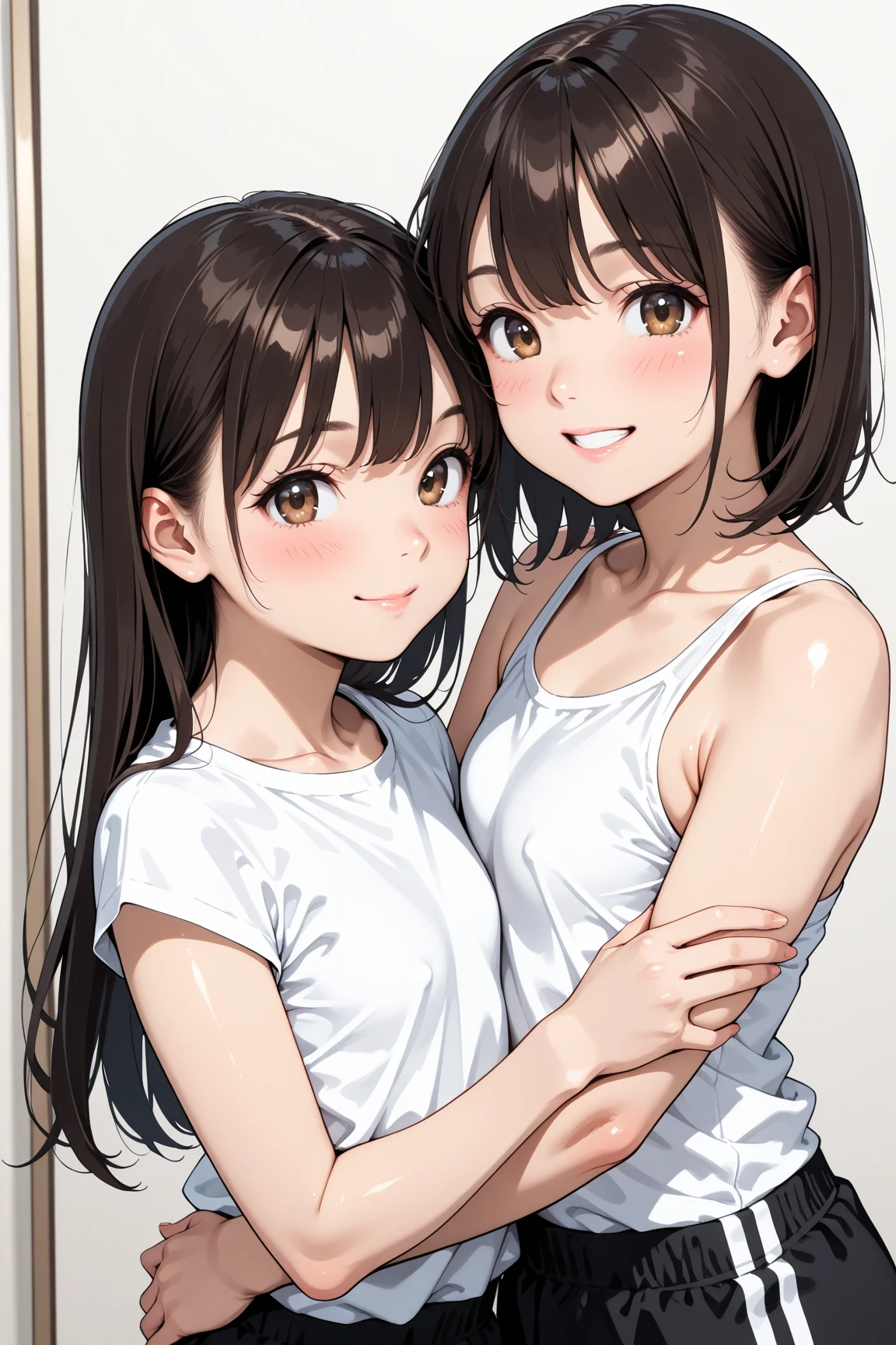 masterpiece、High definition、High resolution、high quality、High resolution、Two teenage women hugging each other、Pompadour、The forehead is visible、Beautiful Lipoist lips、Very large breasts、Courting face、Smiling with teeth showing、((near))、School White Gym Clothes、Bra is see-through、School grounds