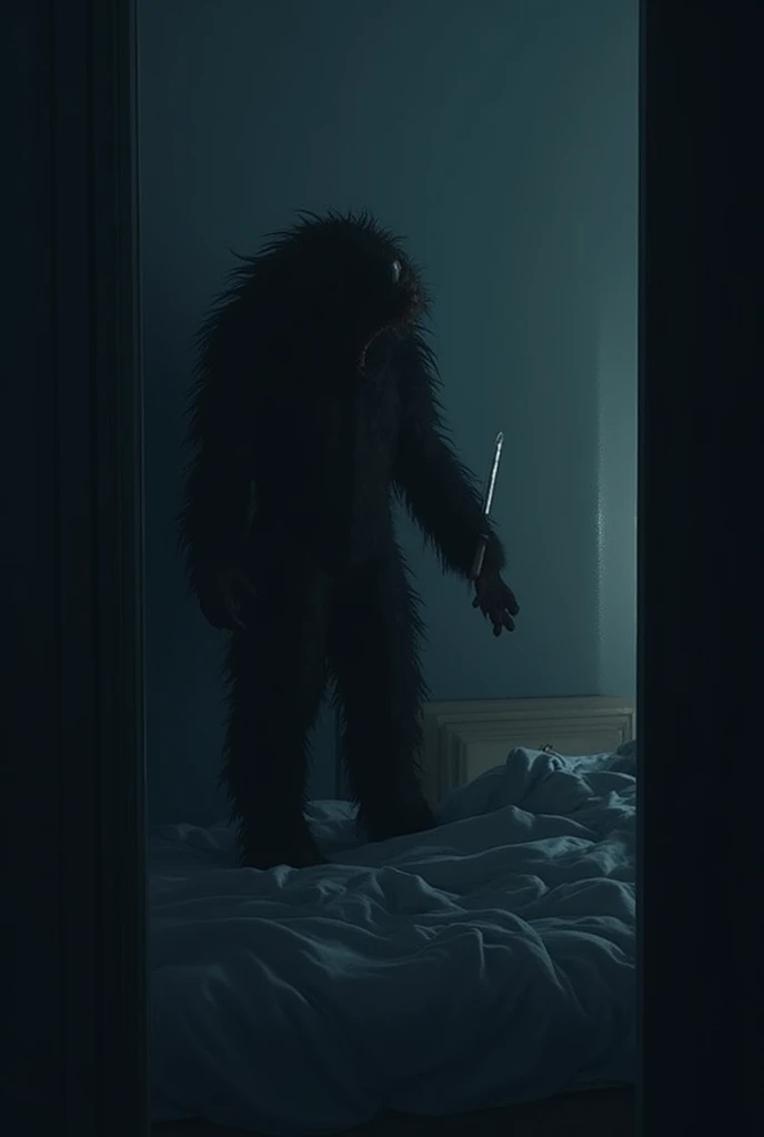 No poorly lit corridor, a man-shaped shadow writhes with unbridled fury. Its dark outline is illuminated only by a flickering light, creating a ghostly effect as the figure swings a heavy axe with inhuman violence. Every knock on the door echoes through the hallway, the sound of cracking wood echoing like a desperate scream. The shadow seems to grow with each impact, his anger manifesting itself in wild and uncontrolled movements, as if possessed by a primitive hatred. The narrow corridor amplifies the tension, with the sound of the axe smashing the door mixing with the muffled sound of the figure's heavy breathing. The atmosphere is charged with a sense of impending doom, each blow bringing the shadow closer to breaking through the fragile barrier that separates it from its prey.