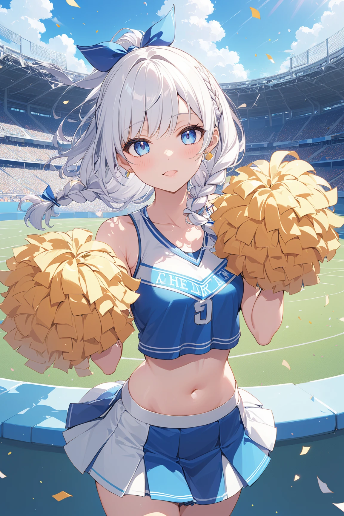index, index, (green eyes:1.5), silver hair, long hair, (flat chest:1.2),(Cheerleader), (whole body), smile,blush,open your mouth,big breasts, lower, (sweaty), sweaty Wet Clothes, (白色Cheerleader服),, Belly button support, playground, (jump), (jump), 足を曲げてjumpする, air, blue sky, Grass原, smile
Cheerleader, White pom-poms on both hands \(Cheerleader\)have, Grass, smile,
break looking at viewer, Upper body, whole body,
break outdoors,stadium ,
break (masterpiece:1.2), highest quality, High resolution, unity 8k wallpaper, (shape:0.8), (fine and beautiful eyes:1.6), highly detailed face, perfect lighting, Very detailed CG, (perfect hands, perfect anatomy),