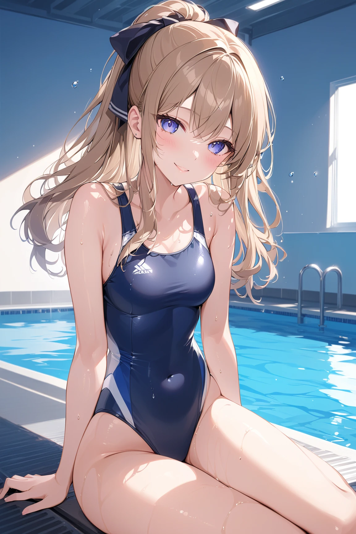 ((2D beautiful girl、top-quality、Perfect Finger 1.3、Perfect Anatomy 1.3、extremely delicate and beautiful illustration))、cute petit girl、(transform sequence)、((swim wears))、14years、Slender beautiful girl、Fractal Art、baby-face、((stright long hair))、big drooping eyes、A smile、Full Body Display、（1 persons）、long-sleeve、school swimming pool、is standing、