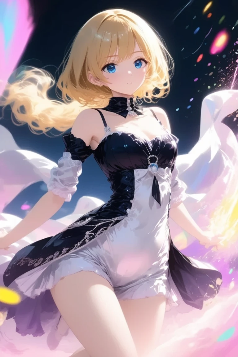 (masterpiece, highest quality, ultra high res, ultra detailed:1.3), 1 cute girl, ideal ratio body proportions, blonde short hair, black frilled mini skirt, puffy shoulders, bare arms, magic wand, (white cotton panties, 1 strange small animals:1.4), dynamic pose, night city,