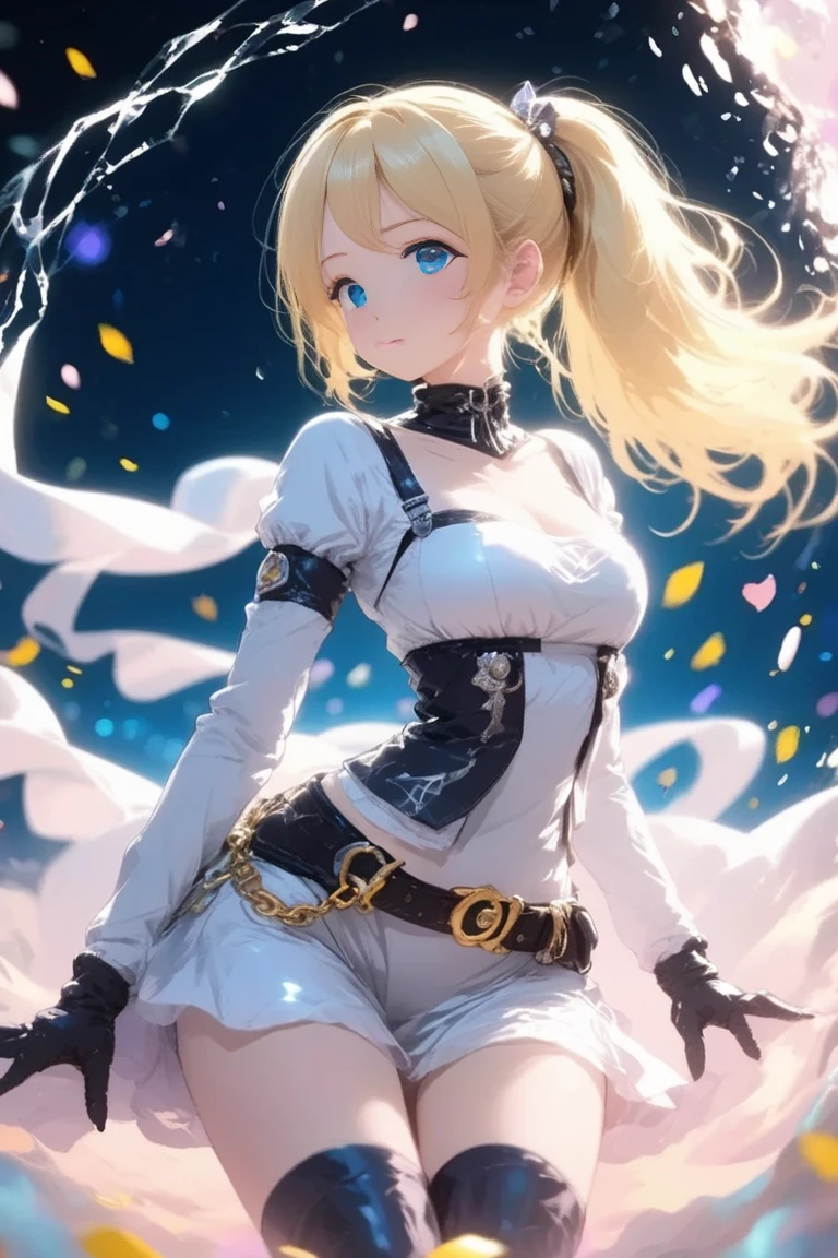 Lumine | genshin impact, master-piece, bestquality, 1girls,25 years old, proportional body, proportional., Wedding Dresses, White Wedding Dress, wedding, mediuml breasts, ,bara, choker, (Graffiti:1.5), Splash with purple lightning pattern., arm behind back, against wall, View viewers from the front., Thigh strap, Head tilt, bored, 10, 10, HD, slight smile,
