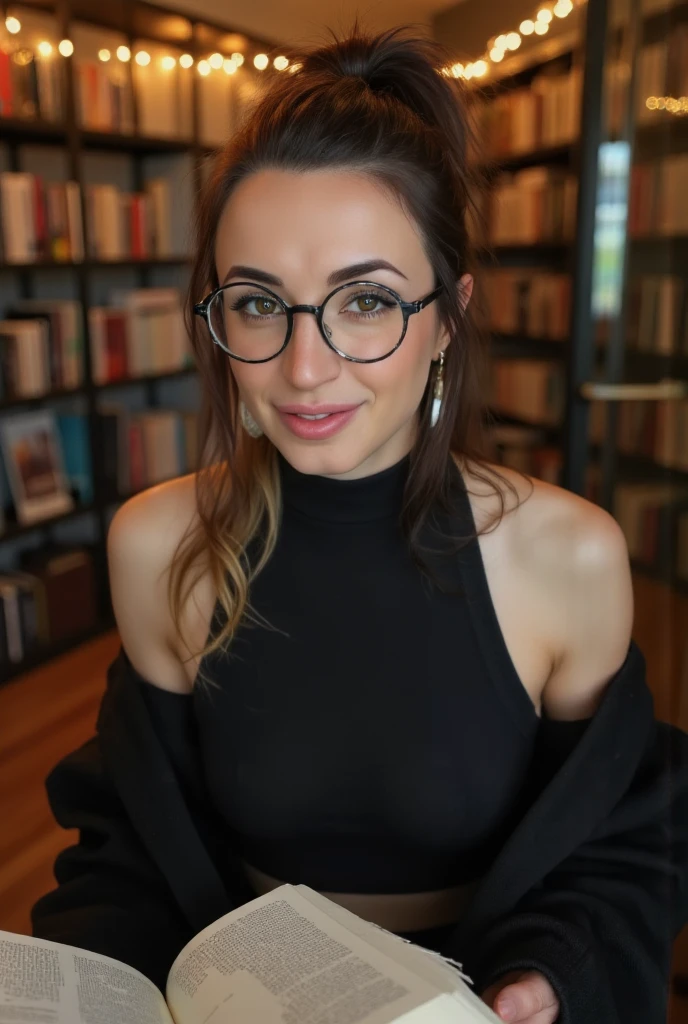 full body photo with torn sweater at shoulders and all over, sadyjennings woman in a sweater torn at cleavage <lora:tornclothesv6-8:0.9>, eureka moment, photo, in art robinson style, at science exhibit, poor quality