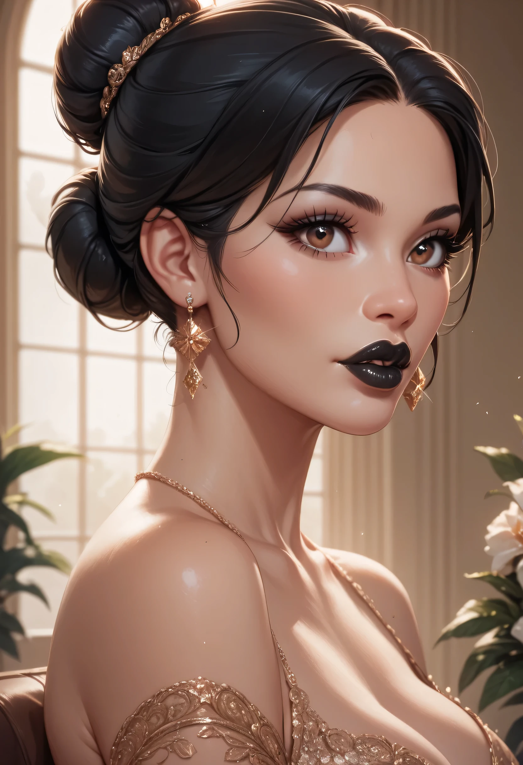 ((Perfect Face, Black Hair Bun, Brown Eyes, Black Thick Lips, Female Beautiful))