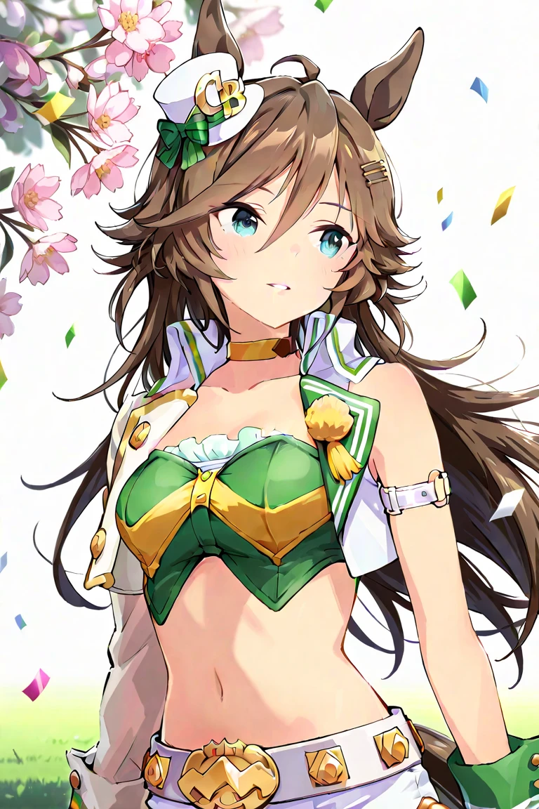((masterpiece, best quality, highres, UHD, perfect pixel, depth of field, 4k, RTX, HDR))), 1girl, single, solo, beautiful anime girl, beautiful artstyle, anime character, ((long hair, bangs, dark brown hair, simple hair pin)), ((green eyes:1.4, detailed eyes, beautiful eyes, perfect eyes,curly eyelashes, realistic eyes)), ((detailed face, blushing:1.2)), ((smooth texture:0.75, realistic texture:0.65, photorealistic:1.1, anime CG style)), medium breasts, ((dynamic angle, cowboy shot)), perfect body, ((red and brown leotard, bare legs, boots, gloves)), smile, open mouth, hand behind back, leaning forward, amusement park, atomic particles, body glowing, blue glow, spread arms, twirling, magical girl transformation