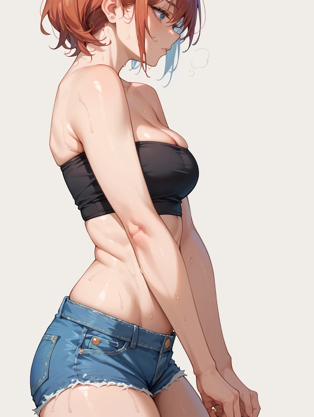 Remove her clothes and replace with a bandeau style top made of mesh material adorned with small white polka dots scattered across it.. The bottom consists of gathered fabric forming hipster-style bikini shorts in black