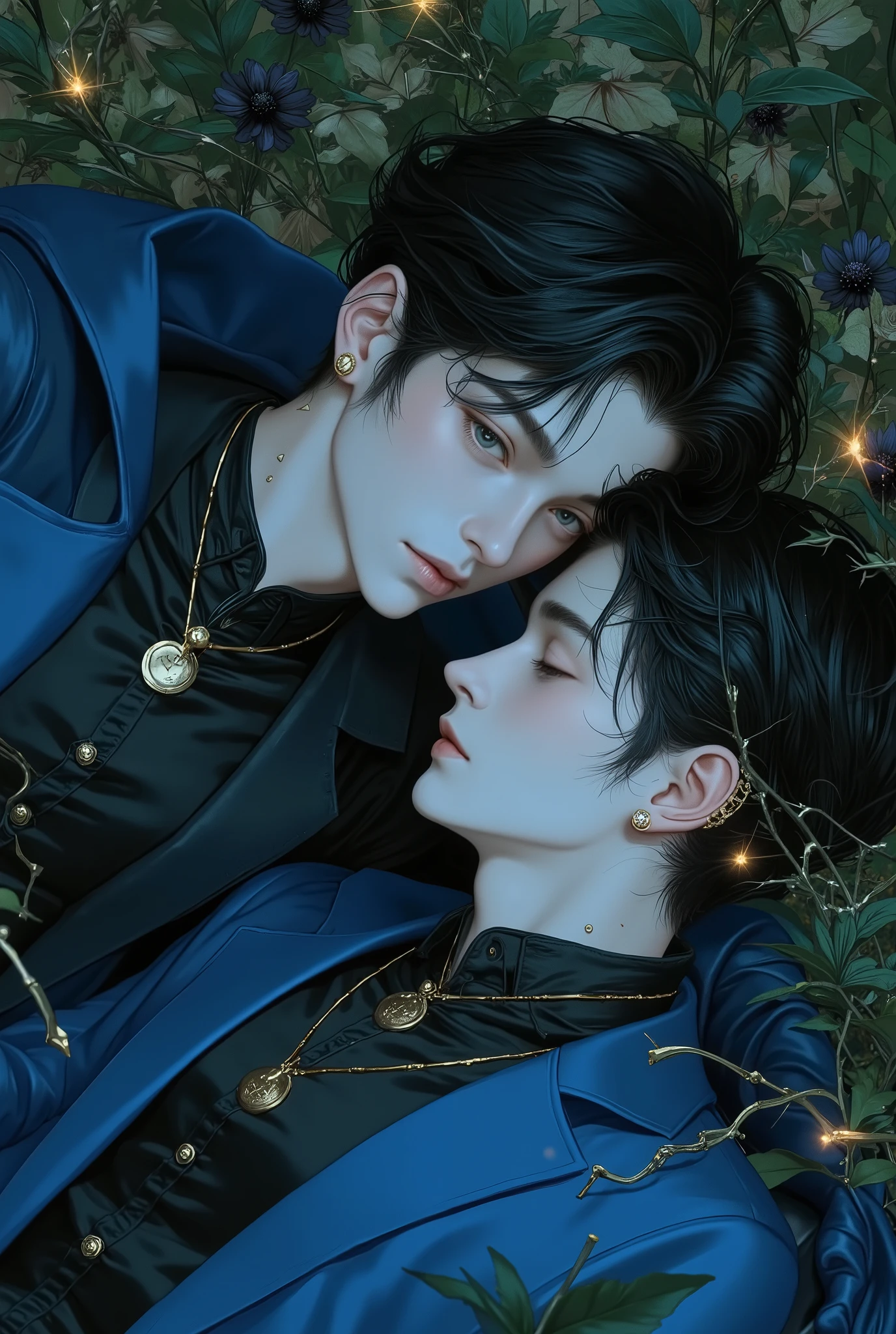 Ultimate Couple Contest! Ship your OTP—showcase their sweet fluff or angsty drama. Handsome young man and beutiful young girls lying in the bushes and thorns and beautiful black flowers, top view camera. wearing deep azure blue wizards robe and black turttle neck shirt inside. oil painting, masterpiece, shadows, expert, insanely detailed, 4k resolution,