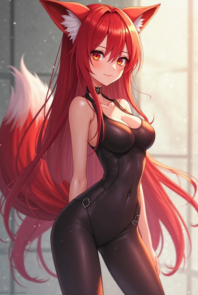 Happy woman, with wolf ears and red hair, holding her cheeks, wolf tail, wearing a latex dress, looking at veiwer, full body, you can see her chest, naked breasts