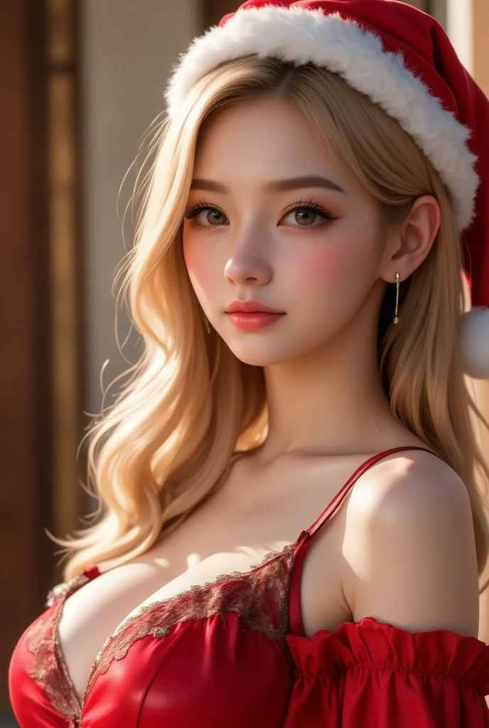 (8K on, raw photo, raw photo, highest quality, master masterpiece: 1.2), super detailed, super resolution, (photorealistic: 1.3), frontal shooting angle, clearly depicts light tints, high resolution RAW colour photo, professional photo, head to waist Japanese humane proofreading. same skin texture as, blurs background, faithful to anatomy, highly detailed and beautiful, super top quality, long, hair swinging and sexy, elven beauty with highly detailed ears elongated, big breasts, blonde hair, semi-long (pink eye shadow), smiling, turning around, fluffy, with frills, Christmas, Christmas tree, {{Santa Claus costume}}