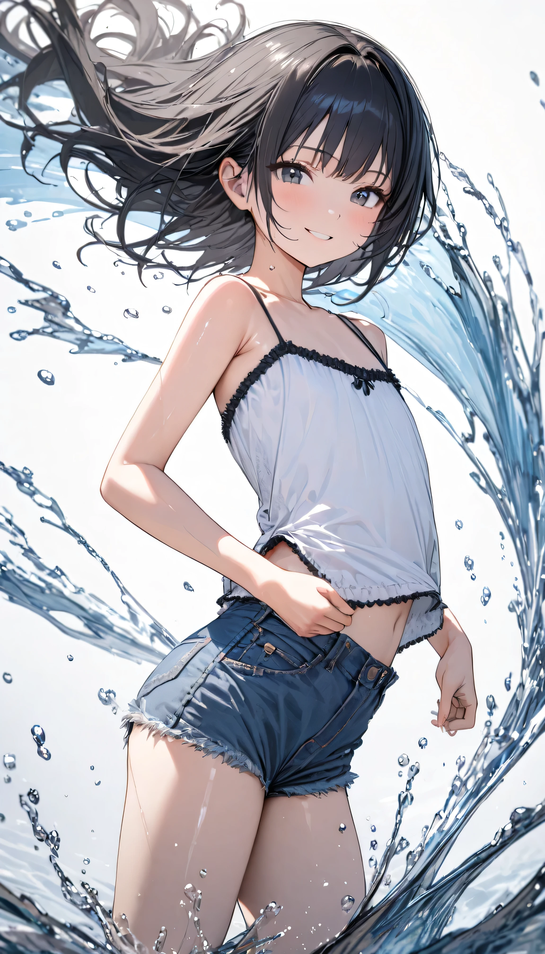 Girl Doll, Solitary,Hips,Bangs, Long eyelashes, beautiful eyes, full,camisole,Short skirt,stocking, leggings,(Brushstrokes, Impressionism, painting,Rich scenery)、Disheveled,Chest contour、(((Wet clothing))(((Ultra-thin clothing))),((Flesh outline)),Grinning