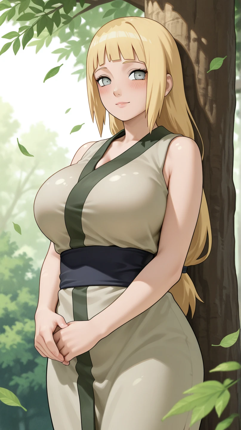 TsunadeNS, tsunade_senju, woman delicate, beautiful fingers, beautiful bright eyes, delicate hands, impossible clothes, taut shirt, thighs, sweet, (best illumination, an extremely delicate and beautiful), (exceptional, best aesthetic, new, newest, extremely detailed, anime:1.2), intricate_detail, official art, finely detailed beautiful face, overexposure, 1girl, solo, huge and saggy breasts, kimono, cleavage, smile, (depth of field), full body, (yellow hair:1.4), lips, alcohol, bottle, sake_bottle, cup, holding, off_shoulder, (masterpiece), (best quality), (ultra-detailed), sharp focus, detailed face, ((perfect anatomy)), long hair, (arm + hand + 1_thumb), Five fingers each, perfect hands, (best shadow), high-resolution illustration, 8k, dark intense shadows, high resolution, (beautiful detailed face), ((high contrast)), ((cinematic light)), high quality anime, anime art style, perfect lighting, (intricate details), colorful, hyper detail, dynamic angle, light around the character, particles, <lora:tsunadeSenju_v10:0.6>, <lora:tsunadeNarutoLora_v1:0.5>, (Behavior: relaxed, carefree, free-spirited), open sky, (highly detailed background:1.0), soft lighting, (very detailed background:1.0), ((landscapedwith beautiful in the background, wind in the forest with many falling leaves and beautiful clouds)), (best possible illustration), water and rivers, mountains and nature, tree and leaves, wind and particles