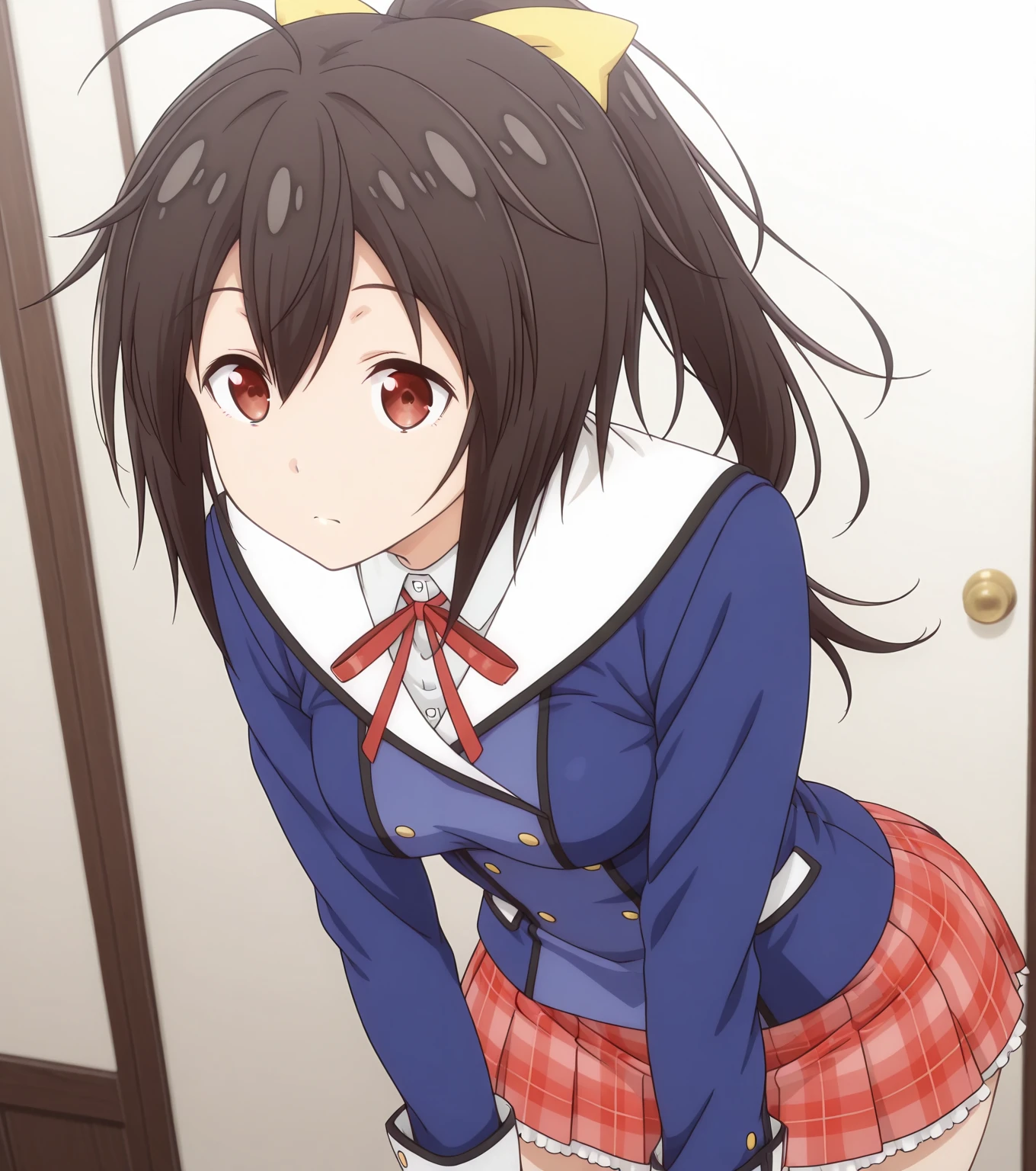 1girl in,Sitting,From above,Looking at Viewer,Tomomi_Xijing, bow ribbon, Short hair, ,red uniform,Winter clothes,Long sleeves,skirt,((tuck up a skirt to a chest)),(Skirt lift),(up skirt),((Panties)),Perfect Lighting,Best Quality,,Smile,blush,anime screen cap,Flat color,cel shading,short torso,Show off panties,pantyshot,