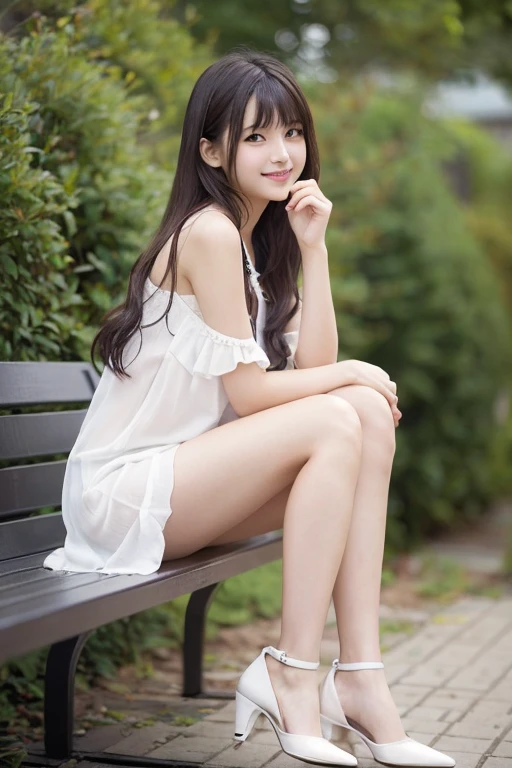 Photo-realistic quality、A 25-year-old Japanese model sitting on the stairs with her hand on her chin., White lace dress、Beautiful bare feet、Wearing high heels、Shot with Canon EOS 5D,looking at the camera、Detailed and beautiful eyes、Cute smile、A soft and gentle look、A seductive smile, Gorgeous Japanese Model, Sexy young woman, Bewitching young woman