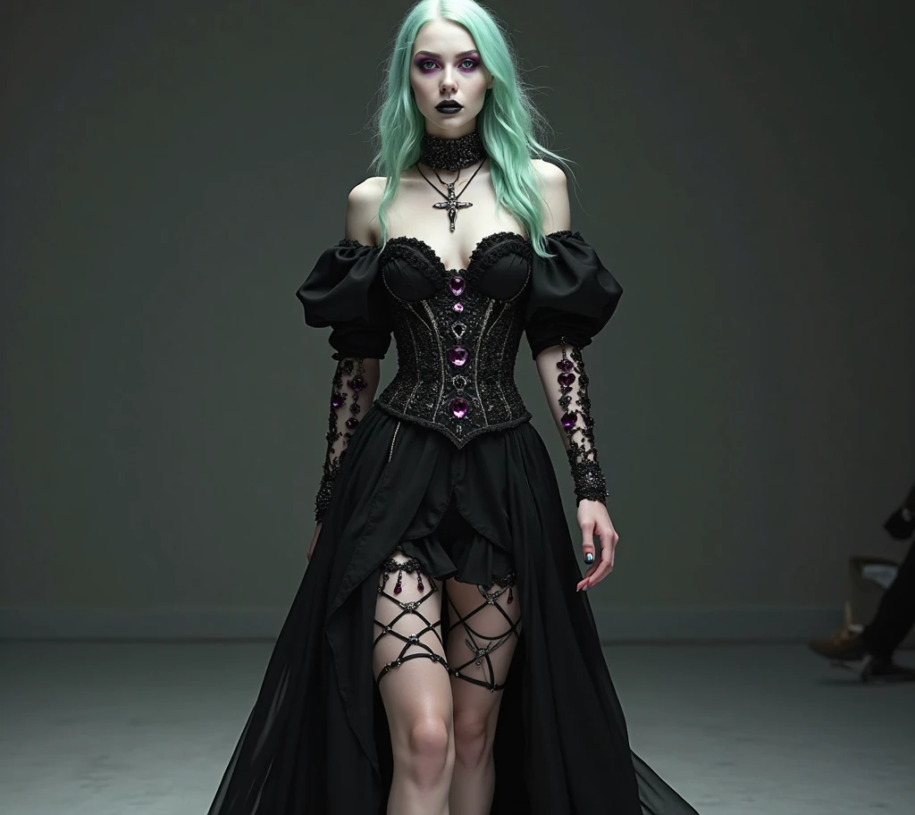 arafed woman standing, full body, no clothes, bare body, perfect body, perfect body shape, goth girl aesthetic, 1 7 - year - old goth girl, darkwave goth aesthetic, pale goth beauty, pale skin and dark eyes, black sullen eyes, gothic horror vibes, goth aesthetic, with black eyes, dark aesthet
