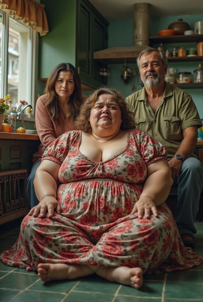 An obese lady closes the door of the café to a man who was with a vase