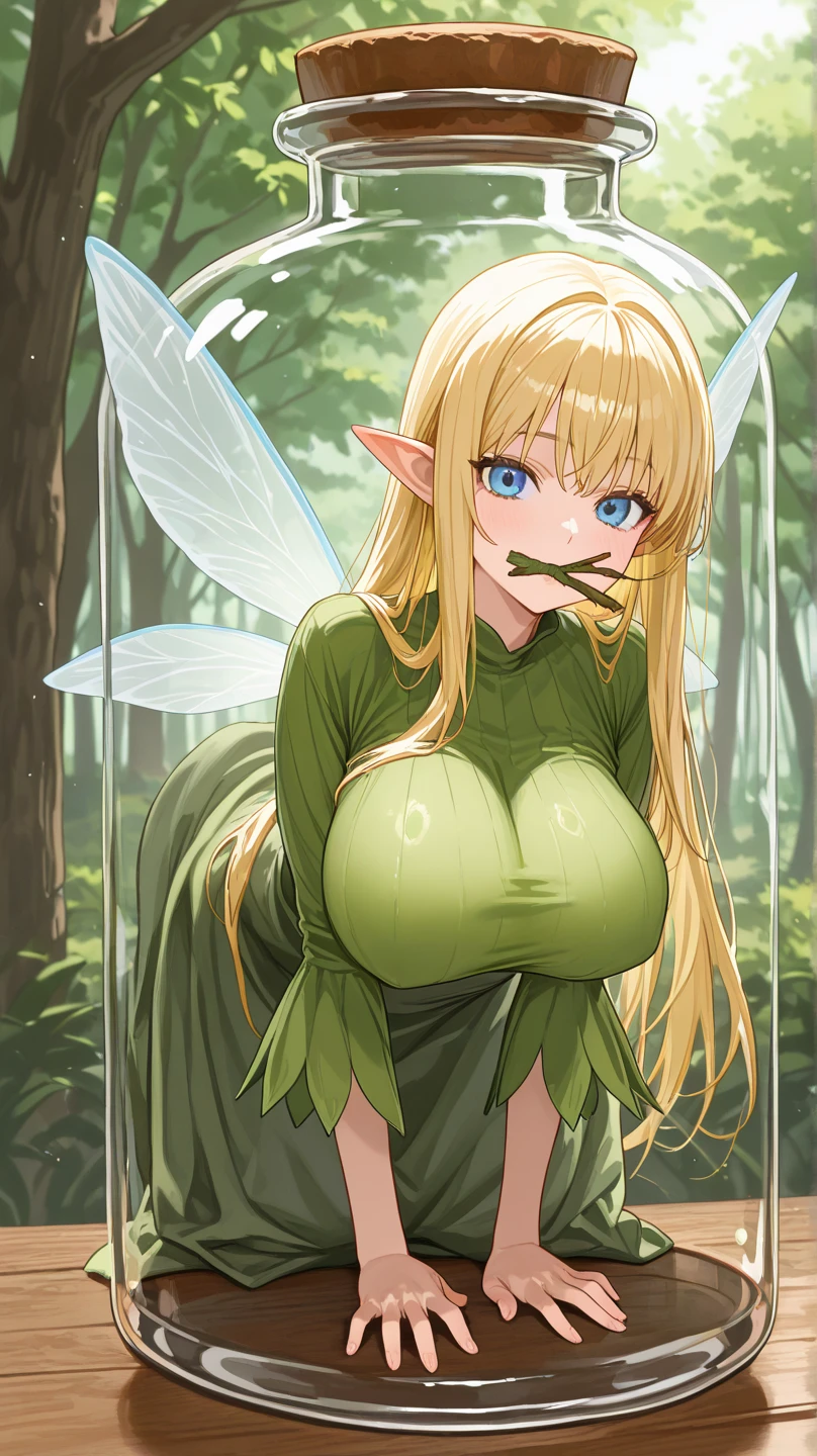 score_9, score_8_up, source_anime, 1girl, solo,The photo features a female character with long, golden yellow hair, wearing an outfit inspired by natural elements, particularly plants. She dons a green crown shaped like leaves adorning her head. Her dress is green with a design resembling leaves and flowers, creating the appearance of a fairy or nature goddess. The sleeves and lower part of her dress are adorned with transparent elements that resemble wings, giving an elegant and magical impression. This character also wears green shoes that match the nature-themed ensemble she presents.(bound wirsts), (arms behind back), (tapegag, tape gag), dramatic, (looking at viewer), (detailed pupils:1.3), ,red rope, thick rope,big breast,full body