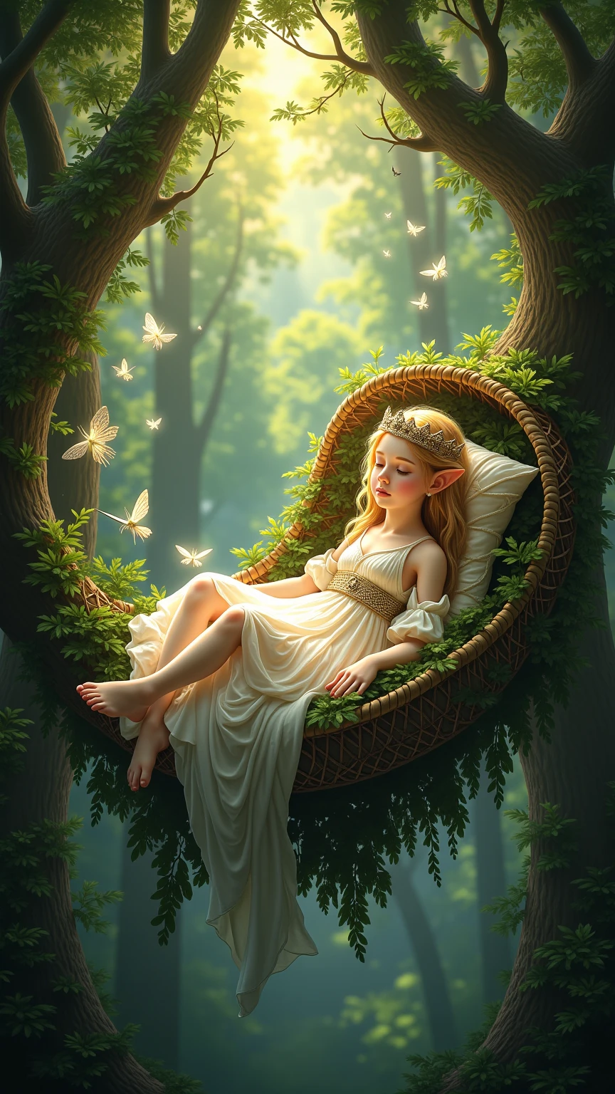 A fairy sleeping in a tree.