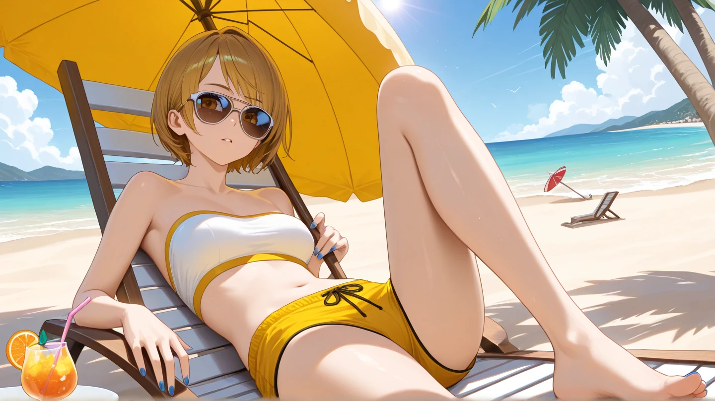 、(masterpiece、Highest quality)、Highest quality, Ultra-high resolution, (((masterpiece))), alone, Sweat、Big eyes, Composition from the front、Shortcuts、Embarrassed face、Bronze colored hair、Cut your hair short、Ocean、Beach、Black Micro Bikini、belly button、short hair、(Bronze colored hair)