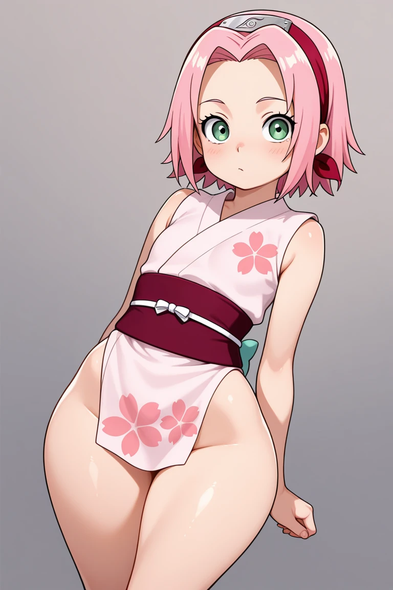 masterpiece, absurdres ,1girl, haruno sakura,forehead mark, (((( nude))))navel, groin, bracelet, looking at viewer, crossed arms, smile, cherry blossoms, wind, floating hair, half body view