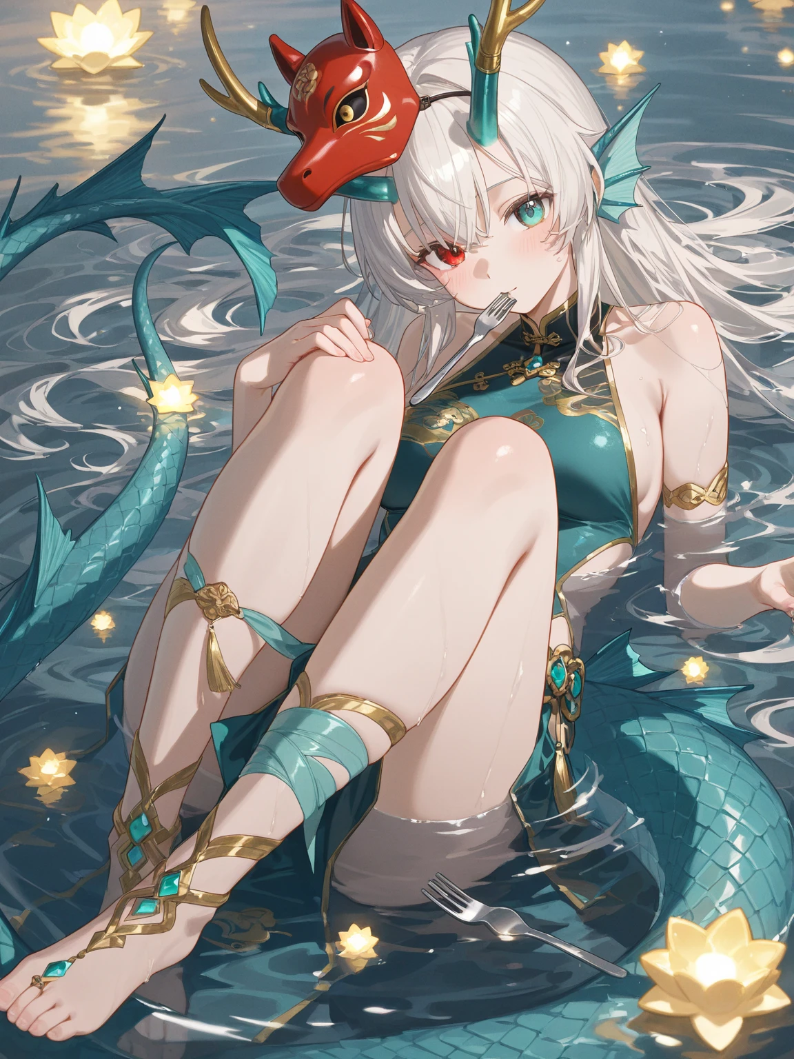 tmasterpiece, top-quality, hyper HD, Highest high resolution, The content is very detailed、White slim fit bikini, bikini skirt, Tentacles take off swimsuits、a necklace, jewelry bracelets, Just look at the audience, How brightly you cry、embarrassed from, Red blush, an octopus, Under water, the reef, airbubble, Mottled sunlight, Dark, tentaculata, (Raped with Tentacles:1.3), Repressive, spread their legs, The has tentacle penetration,