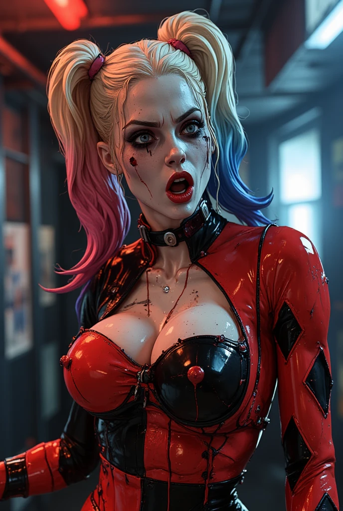 Harley Quinn, offener Mund, sexy Pose, Perfect body, offene Leder Jacke, 8k, perfekt, POV, Meisterwerk, Betrachter anschauen, harte brustwarzen, sexy Ausstrahlung, good quality, eregter blick, harte nippel, perfekte Augen, perfektes Gesicht, will sex haben, will ficken, ist sehr eregt, Arkham-Ritter,Harley Quinn Hose, orgasmus, ernster Blick, feuchte Haut, schwitzen, wet body, Arm hinter Kopf, transparente Kleidung, large nipples, Hands behind the head, zerrissene Kleidung, destroyed clothes, milf, Nacht, notgeil, fishnet, over knee boots, lange Beine, lange Lederhosen, hole body, fishnet top, fishnet shirt,