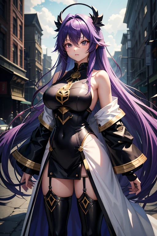 Anime girl, standing on a city street with long hair and blue eyes, Trends in ArtStation Pixiv, purple eyes, blue tie, Beautiful (detailed eyes, detailed face,) gasped, evladef, Noble temperament, high heels, no watermark