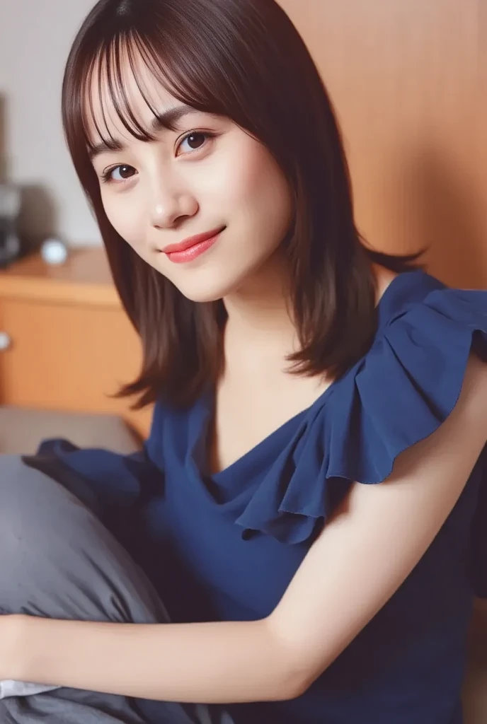((highest quality、8K、masterpiece:1.3))、Photoreal, sharp focus, High level image quality, High resolution, portrait, alone, Japanese, woman, きれいなwoman, sexy, short sleeve blouse、skirt above the knee、sassy pose、high-jump,elegant、 23 years old, semi-long、smile