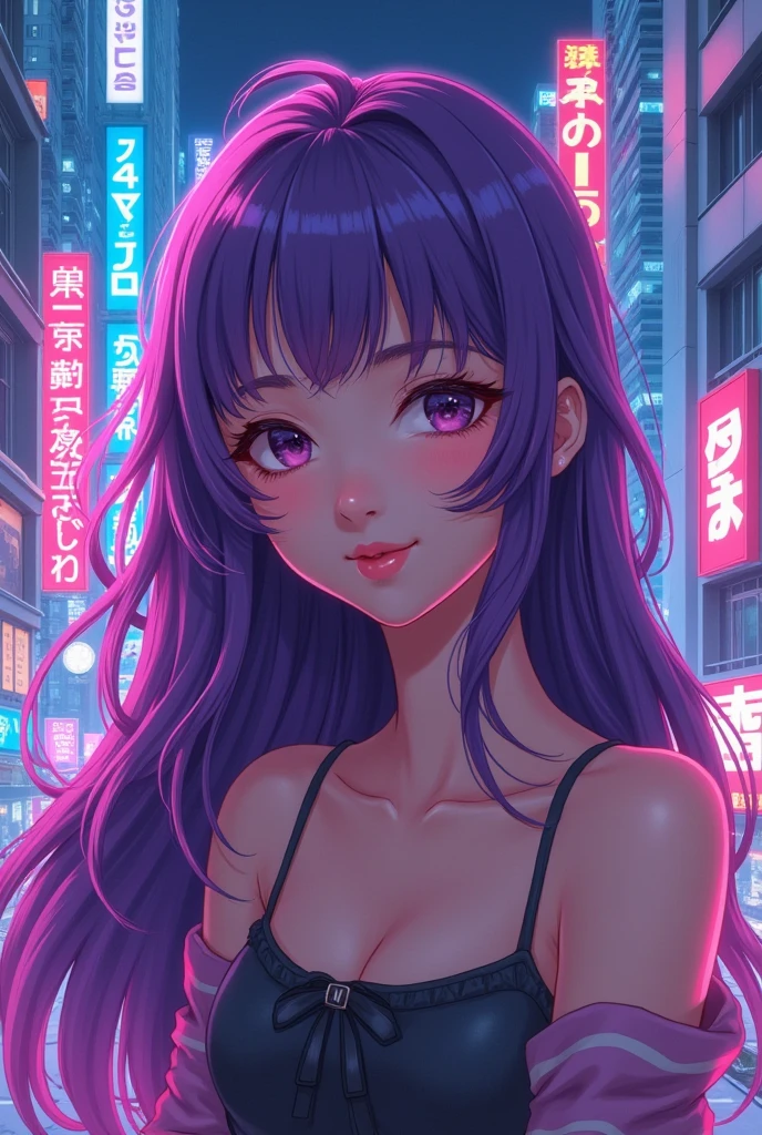 (best quality: 0.8), (best quality: 0.8), Perfect anime illustration, Close-up portrait of a beautiful woman,Walking in the city,Long purple hair,Huge breasts,Blushing eyes (((National Foundation))) transparent white dress neon night city super detail super detail face bright eyes galaxy in eyes ridiculous 4k full hd top on pixiv super well done red eye download file huge areola erect (Love Juice 1;4) The absurdity