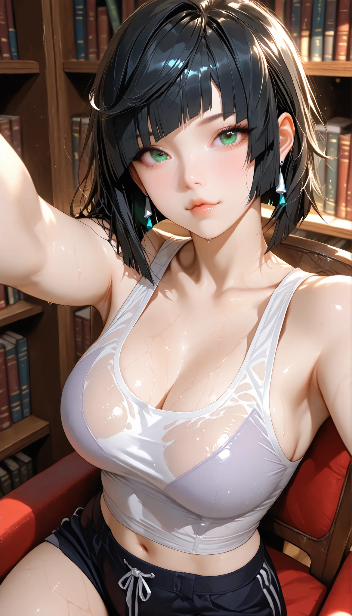Tabletop, highest quality, night, Outdoor, 1 female, 灰色のblue eyes, thinピンクの唇, cold, strict, Sky blue, 大きいAmple breasts, Ample breasts, Ample breasts, とてもSmall waist, Small waist, Small waist, squatting, 頬がthin, crying, latex, competition swimsuit, angly, oily skin, shiny skin, arms up, Small waist, Thick thighs, Attractive face、 Realistic body pores, (blue eyes: 0.8), Beautiful adult face, 40 Private, Soft Volume Light, (Backlight: 1.3), (Cinematic: 1.3), Intricate details, (Art Station: 1.3), grayish hair, Swimsuit、Pixie short、amount、Fake Glasses、short、small、 thin, cumin ,Straight hair, Glasses、Beautiful feet、night景、Pink Room、輝くnight空、