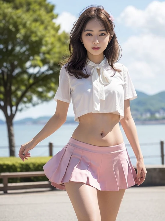 external female student japan expressway,blue plaid skirt,White calf sock rack leather shoes,Pink bra for upper body,Shy Expressions,full body Esbian