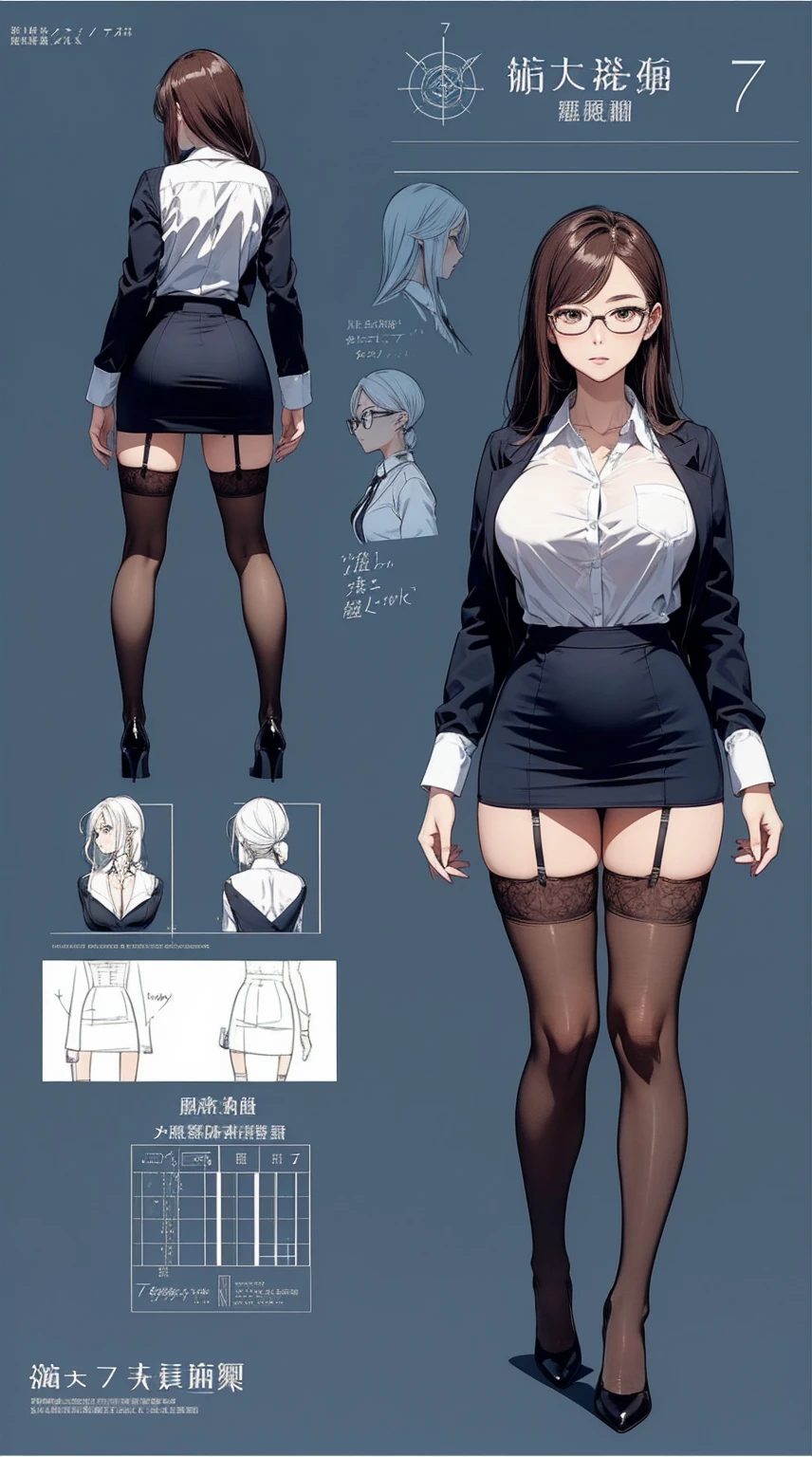 girl, alone, whole body, From head to toe, Are standing, (Huge Saggy Tits:1.3),
Character design sheet, Character Reference Sheet, 設計図のSchematic, Drafting, Blueprint, Schematic,
((Character design sheet:1.7, Character Reference Sheet:1.7,)),
anime/cartoon character wearing a girls , 1girl, alone, ,Mature Woman,Cleavage,Long sleeve,Collared shirt,White shirt,,(Tight Skirt),((garter belt)),(High heels),Skirt Suit,mini skirt,office lady,Long Hair, bow, , (Very short skirt:1.4), (lingerie:1.5),secretary,Thin glasses, (In underwear:1.8),nsfw,Full nudity、