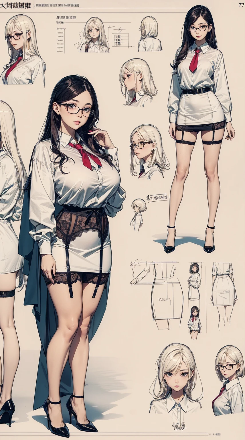 girl, alone, whole body, From head to toe, Are standing, (Huge Saggy Tits:1.3),
Character design sheet, Character Reference Sheet, 設計図のSchematic, Drafting, Blueprint, Schematic,
((Character design sheet:1.7, Character Reference Sheet:1.7,)),
anime/cartoon character wearing a girls , 1girl, alone, ,Mature Woman,Cleavage,Long sleeve,Collared shirt,White shirt,,(Tight Skirt),((garter belt)),(High heels),Skirt Suit,mini skirt,office lady,Long Hair, bow, , (Very short skirt:1.4), (lingerie:1.5),secretary,Thin glasses, In underwear:1.5,nsfw